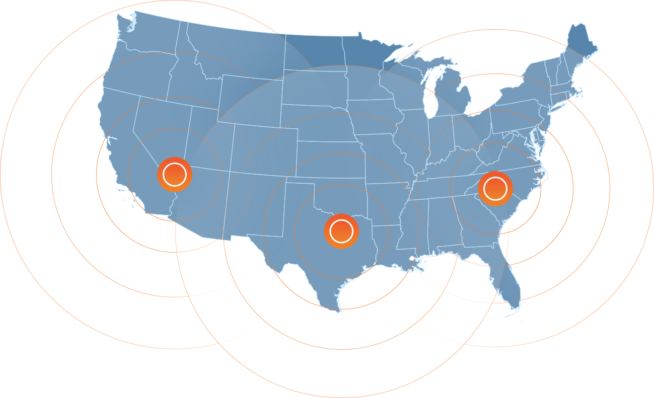 US map showing warehouse locations